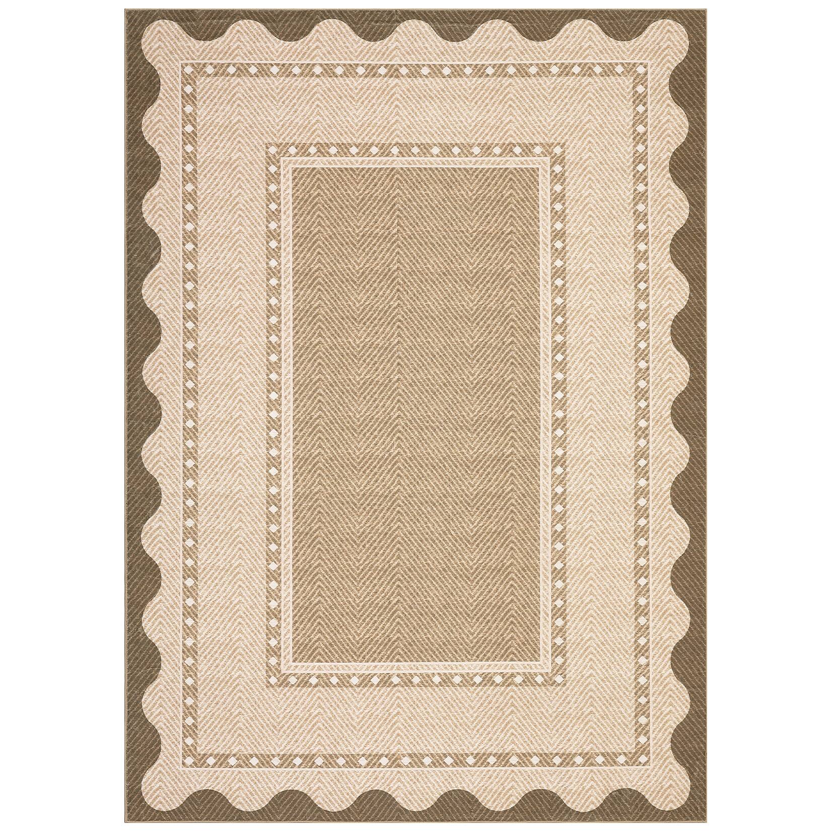 Front. Acekool - Textured Border Area Rug Minimalist Framed Design Ultra Thin Low-Pile Machine Washable Non Slip Rug for Living Spaces - Brown.