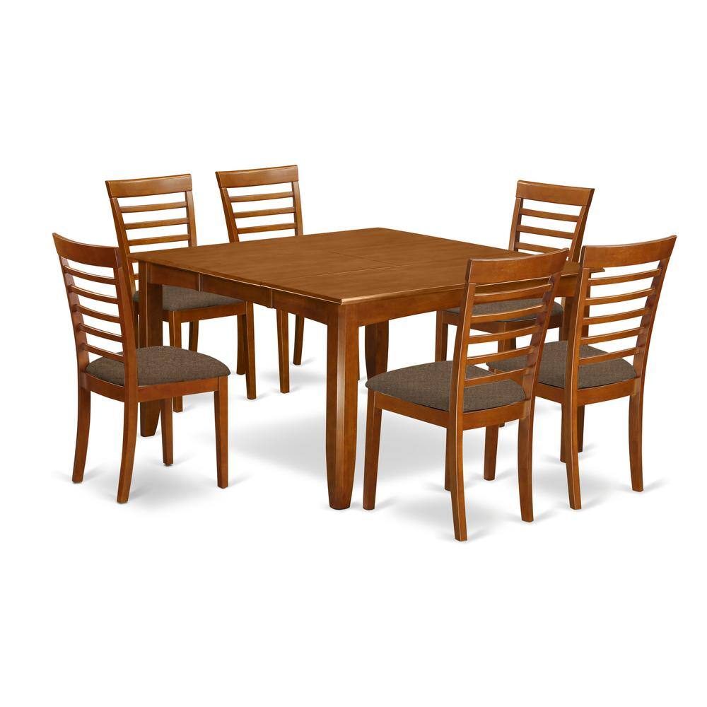 Back. East West Furniture - PFML7-SBR-C 7 PC Dining room set-Table with Leaf and 6 Dinette Chairs - Saddle Brown.