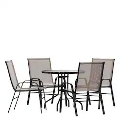 Emma + Oliver - Five Piece Patio Table Set with Round Metal Table with Tempered Glass Top and 4 Flex Comfort Stacking Chairs - Brown