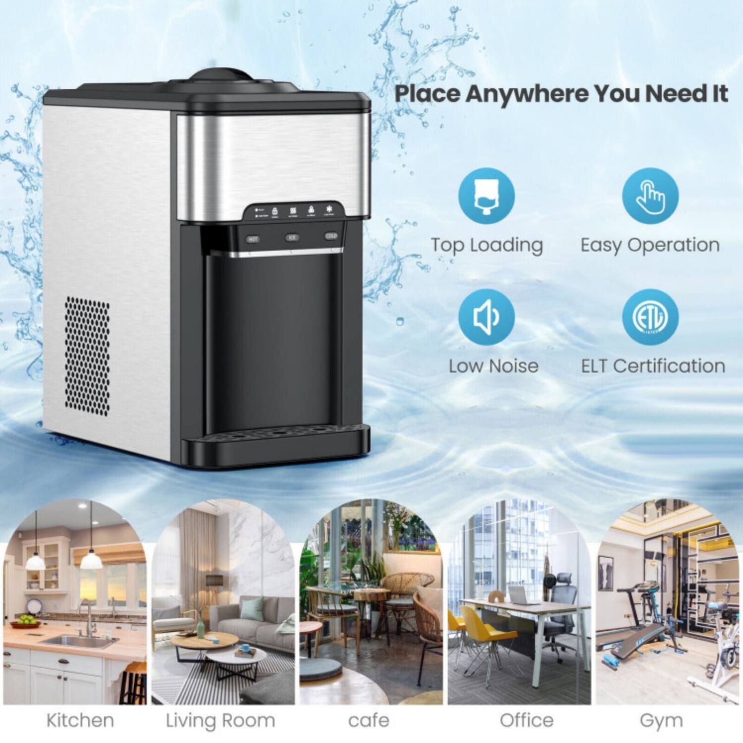 Place Anywhere You Need It

- Top Loading
- Easy Operation
- Low Noise
- ELT Certification

Kitchen  
Living Room  
Cafe  
Office  
Gym
