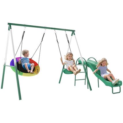 Front. Qaba - Swing Set with Slide, Saucer Swing Seat, Heavy Duty A-Frame Stand and Adjustable Rope for Backyard.