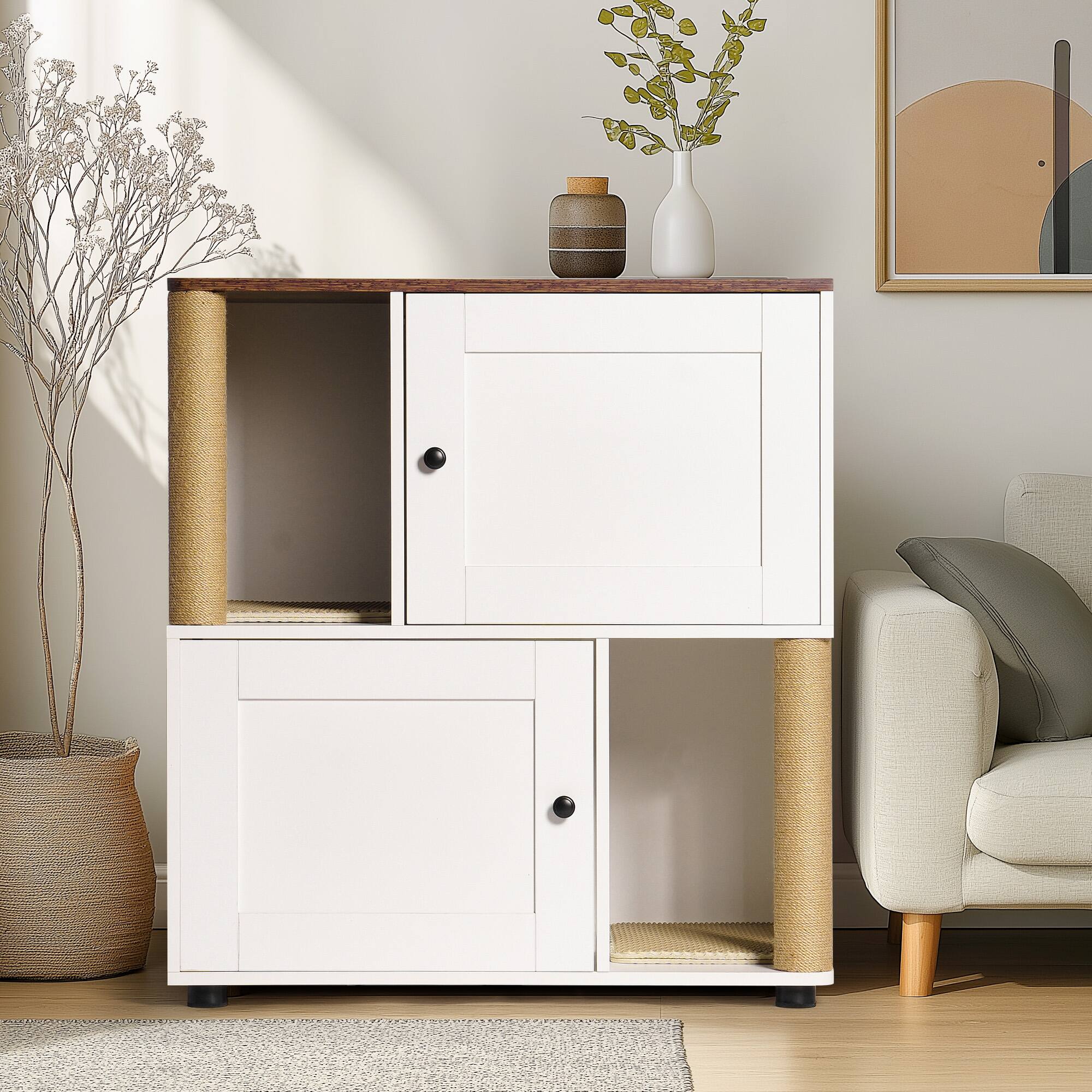 Angle. Yardgrace - Double Cat Litter Box Cabinet with Shelf Holds Two Litter Boxes White and Vintage Finish - White.