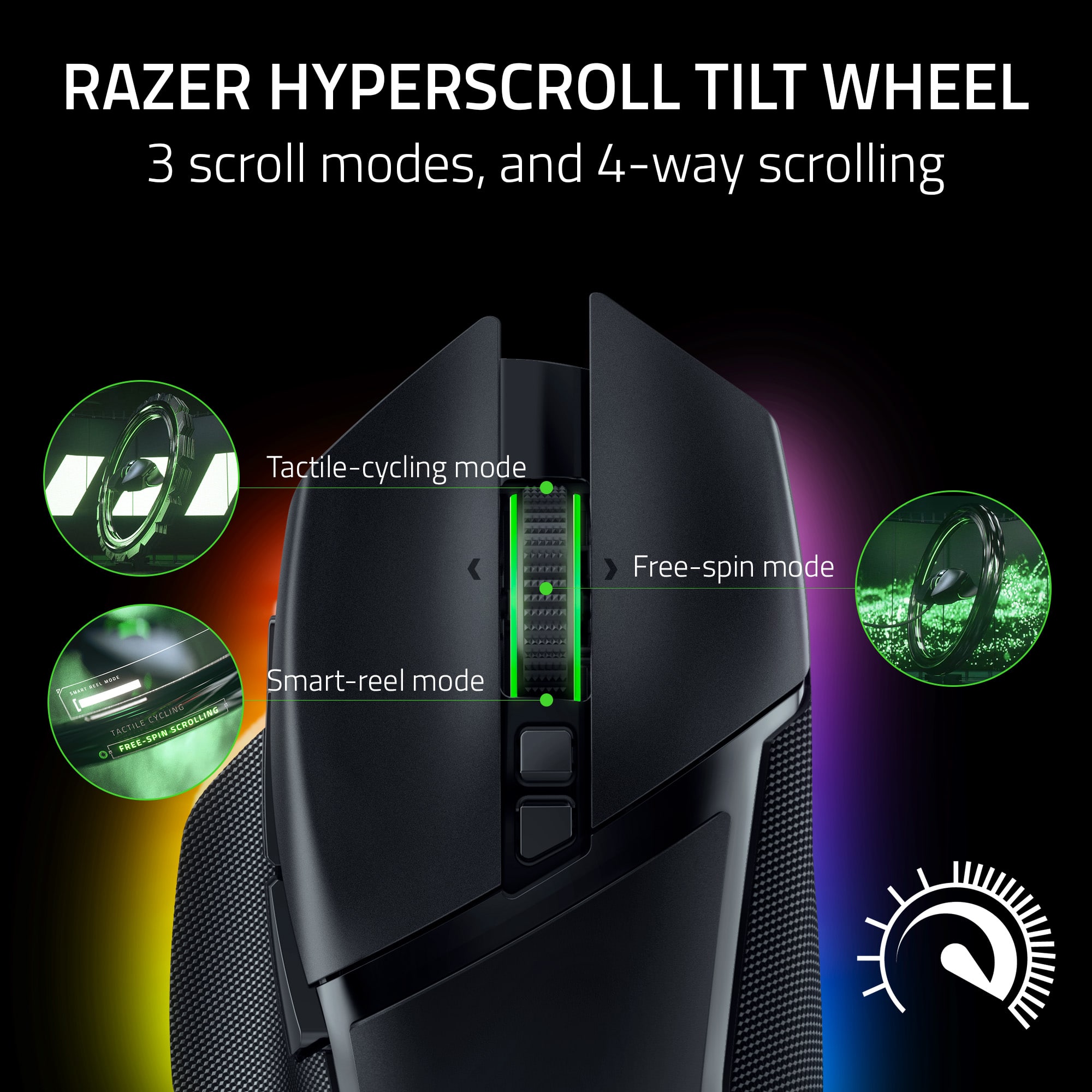 RAZER HYPERSCROLL TILT WHEEL: 3 scroll modes, and 4-way scrolling. Tactile-cycling mode, Free-spin mode, Smart-reel mode.