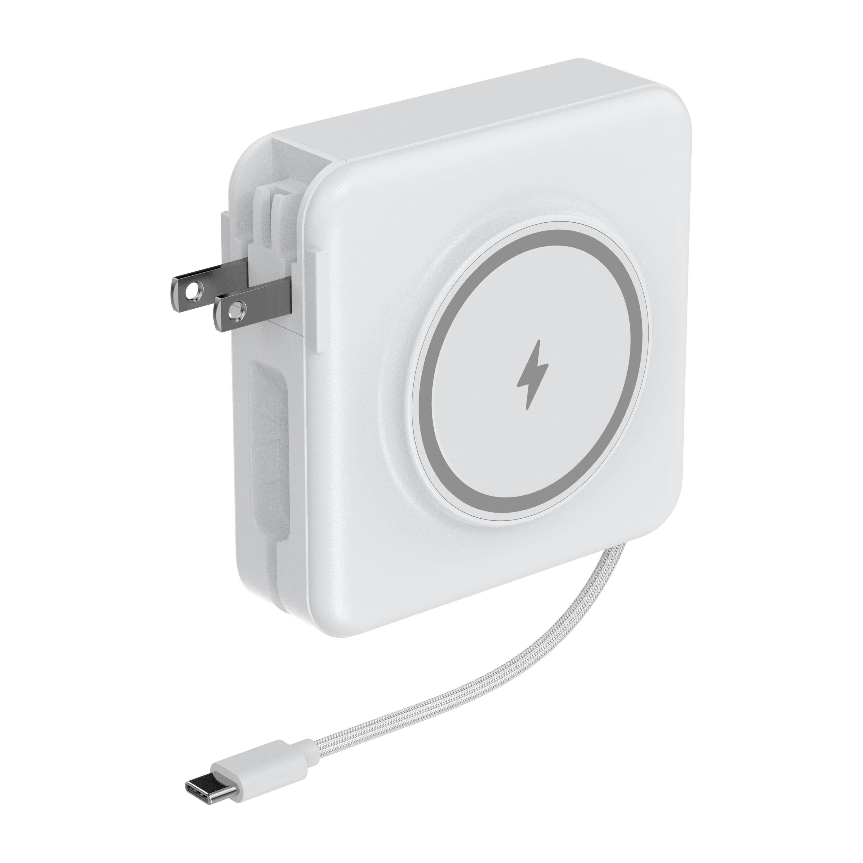 Angle. AXS - 4-in-1 Travel Powerbank with Qi2 Wireless Charger - White.