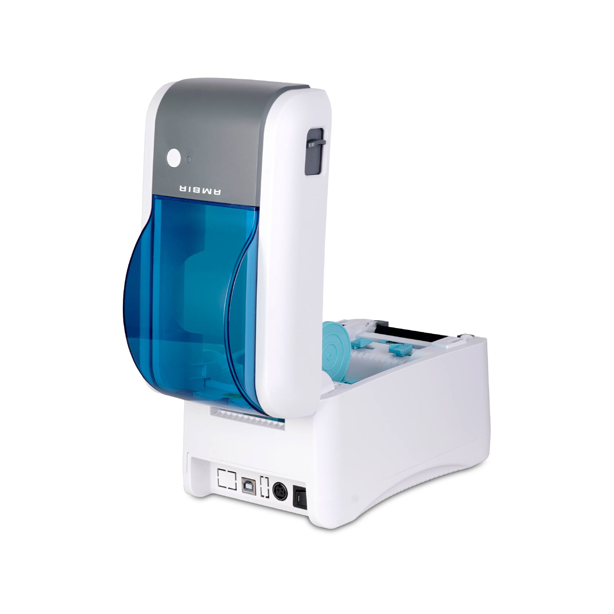 Left. Ambir Technology Inc - AMBIR LP230 2" Direct Thermal Wristband and Label Printer for Healthcare - White and Blue.