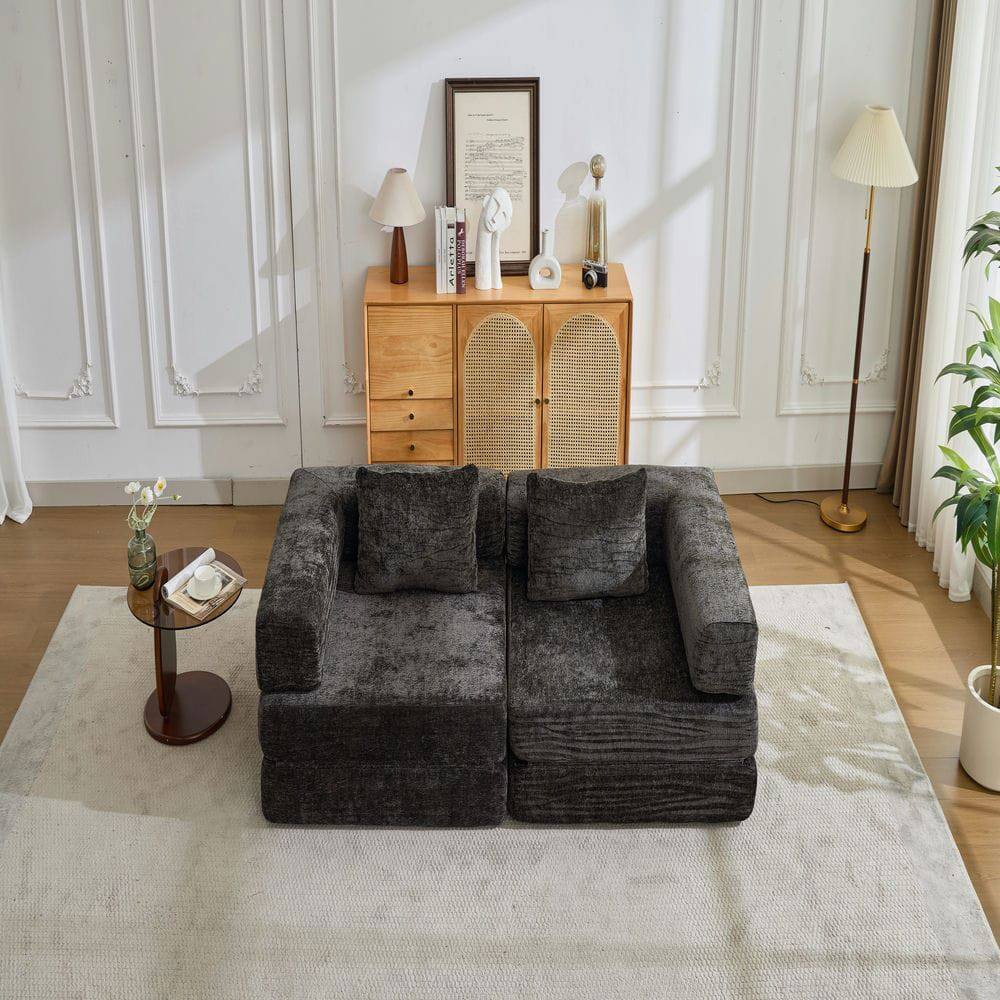 Back. Kadyn - Convertible Compression Sofa, Fixed-Frame Floor Bed with Boneless Chenille Sectional Design, Black - Black.
