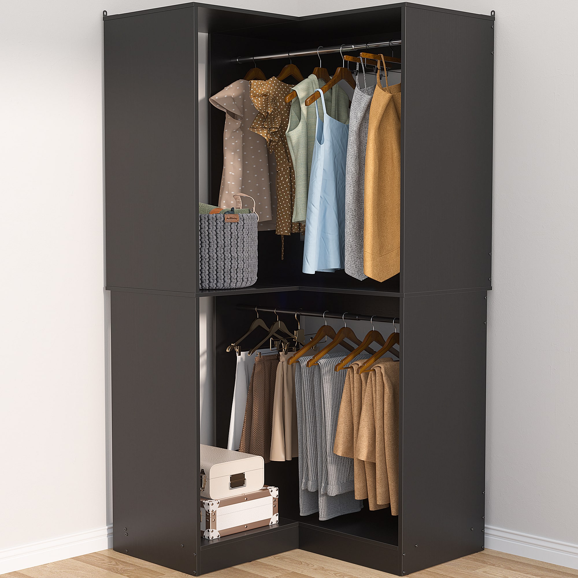 Photos - Display Cabinet / Bookcase Inch Aheaplus - Corner Closet System, 32  Wide Corner Unit with 2 Hanging Rods and Shelves, 3-Tier - Black 