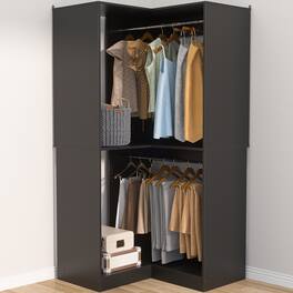 Aheaplus - Corner Closet System, 32 Inch Wide Corner Unit with 2 Hanging Rods and Shelves, 3-Tier - Black