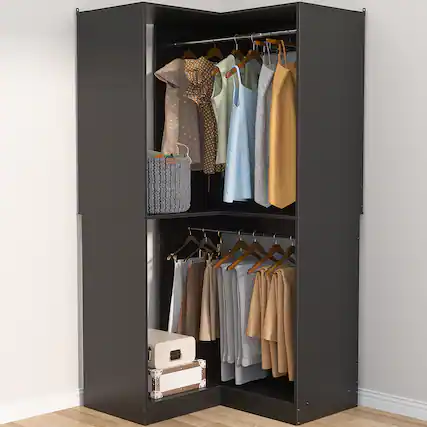 Front. Aheaplus - Corner Closet System, 32 Inch Wide Corner Unit with 2 Hanging Rods and Shelves, 3-Tier - Black.