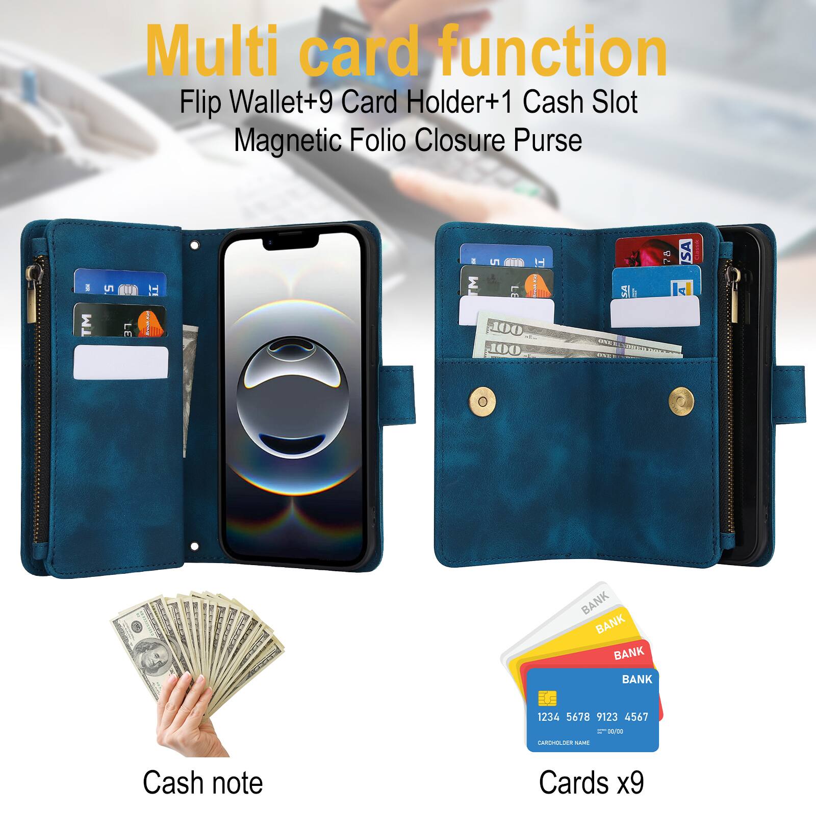 Multi card function Flip Wallet+9 Card Holder+1 Cash Slot Magnetic Folio Closure Purse

Cash note

Cards x9