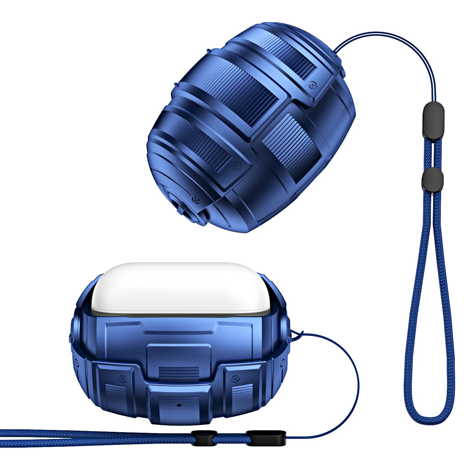 Angle. Dteck - Rugged Shockproof Case for Airpods Pro 3rd Gen (2025) with Lanyard, Full Body Protective Cover, Secure Magnetic Lock - Blue.