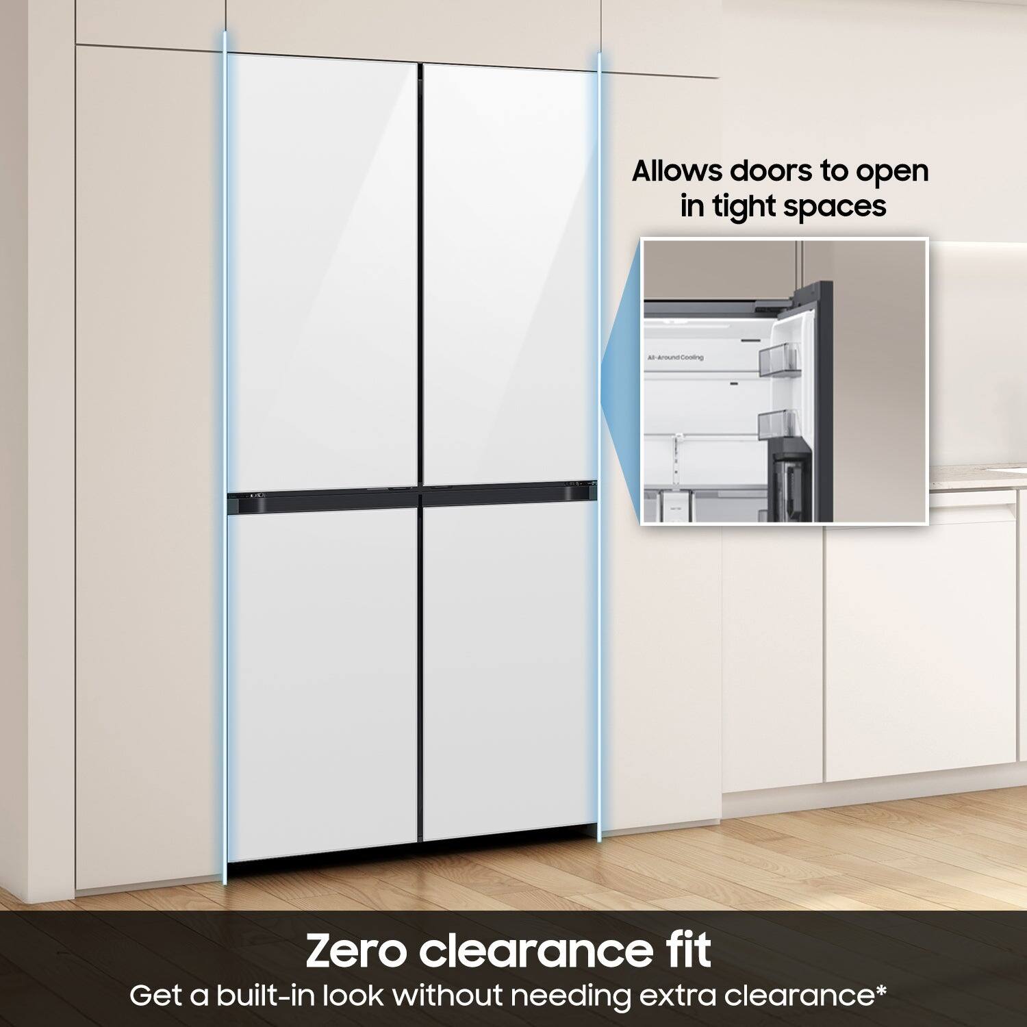The text on the image says, "Allows doors to open in tight spaces. Zero clearance fit. Get a built-in look without needing extra clearance."