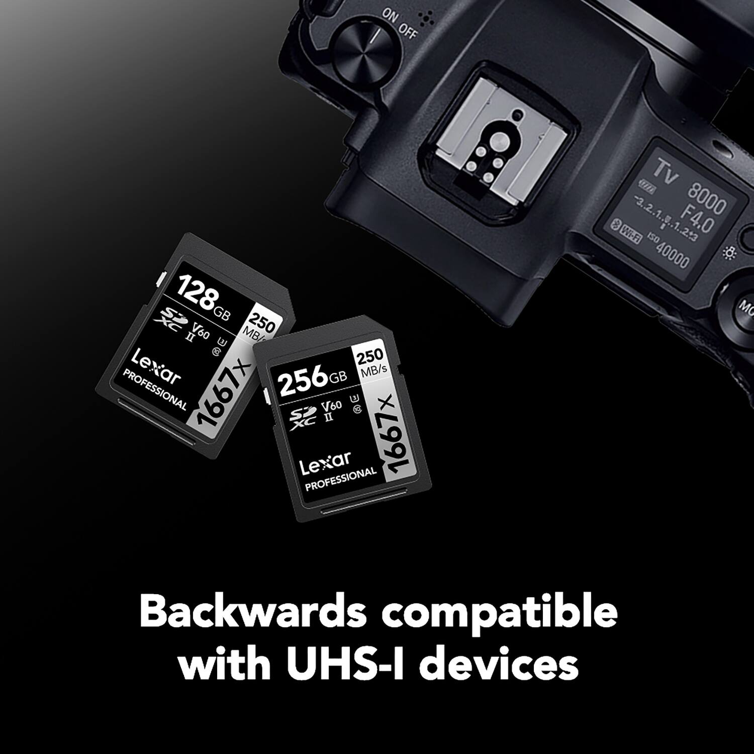 ON OFF 128 GB V60 MB/s 250 II & 250 Lexar 256GB GB MB/s PROFESSIONAL 1667 V60 E I Lexar 1667x PROFESSIONAL OUE TV 8000 8 Wi-Fi 2.2.1.8.1.213 F4.0 ISO 40000 MG Backwards compatible with UHS-I devices