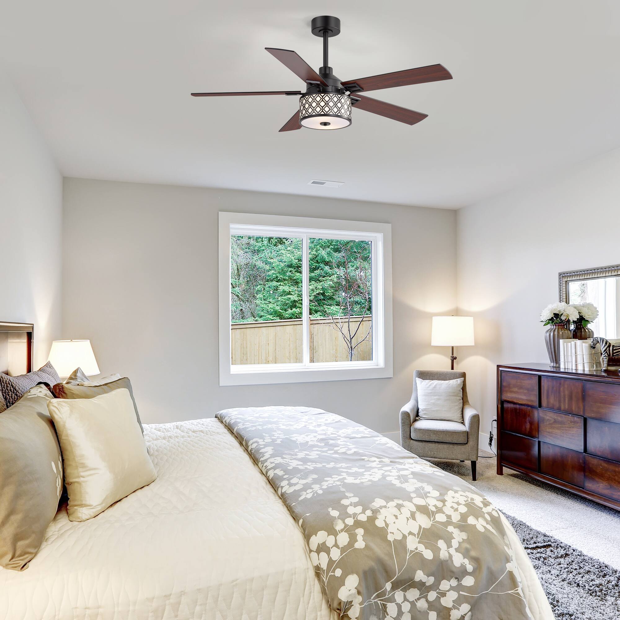 Alt View 1. Breezary - 52-Inch Ceiling Fan with Light Fixture, 5 Reversible Plywood Blades, DC Remote Control, 5/10-Inch Downrods, Indoor Use - Matte Black and Walnut.