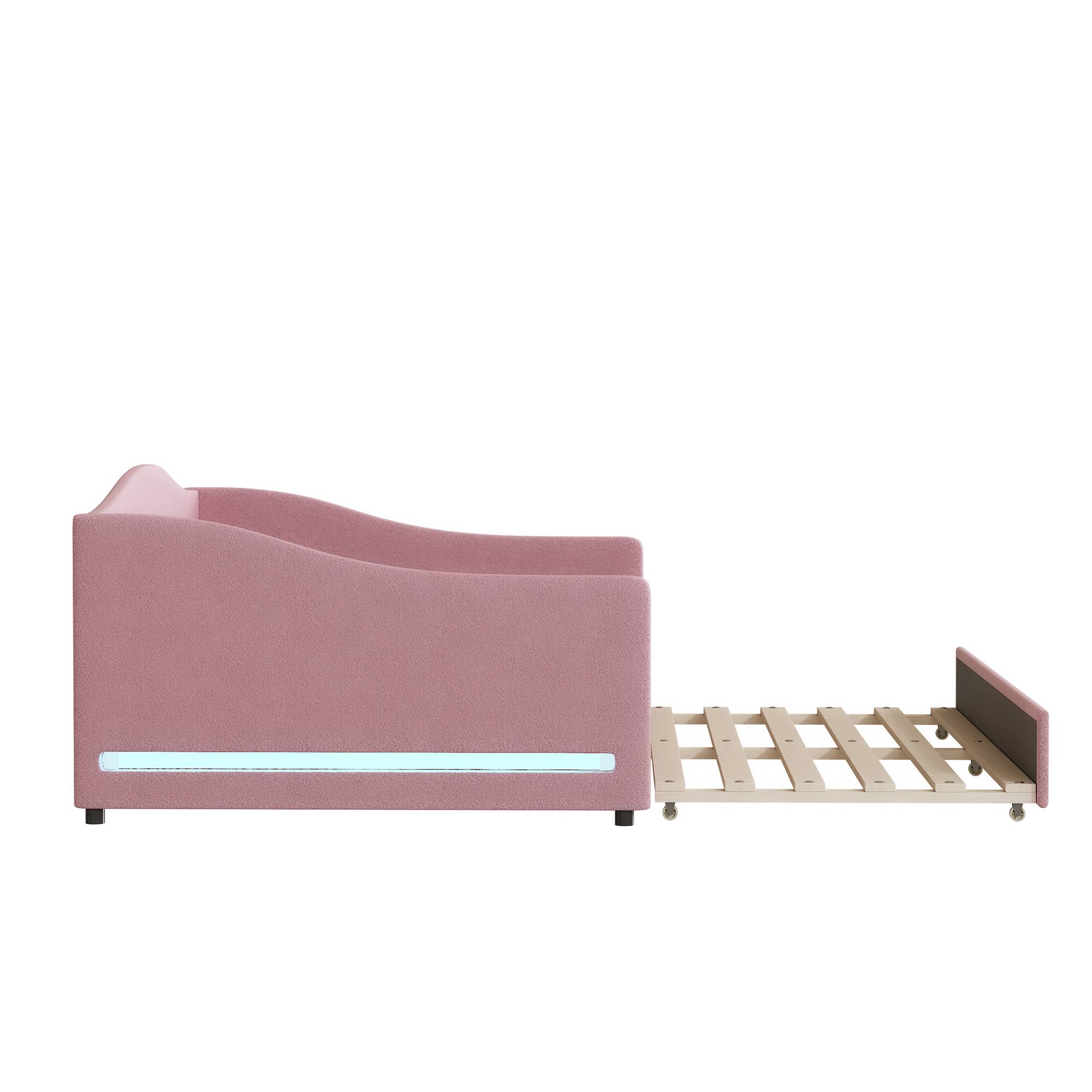 Alt View 5. Tiramisubest - Teddy Fleece Full Size Upholstered Daybed with Light and Trundle, Pink - Pink.