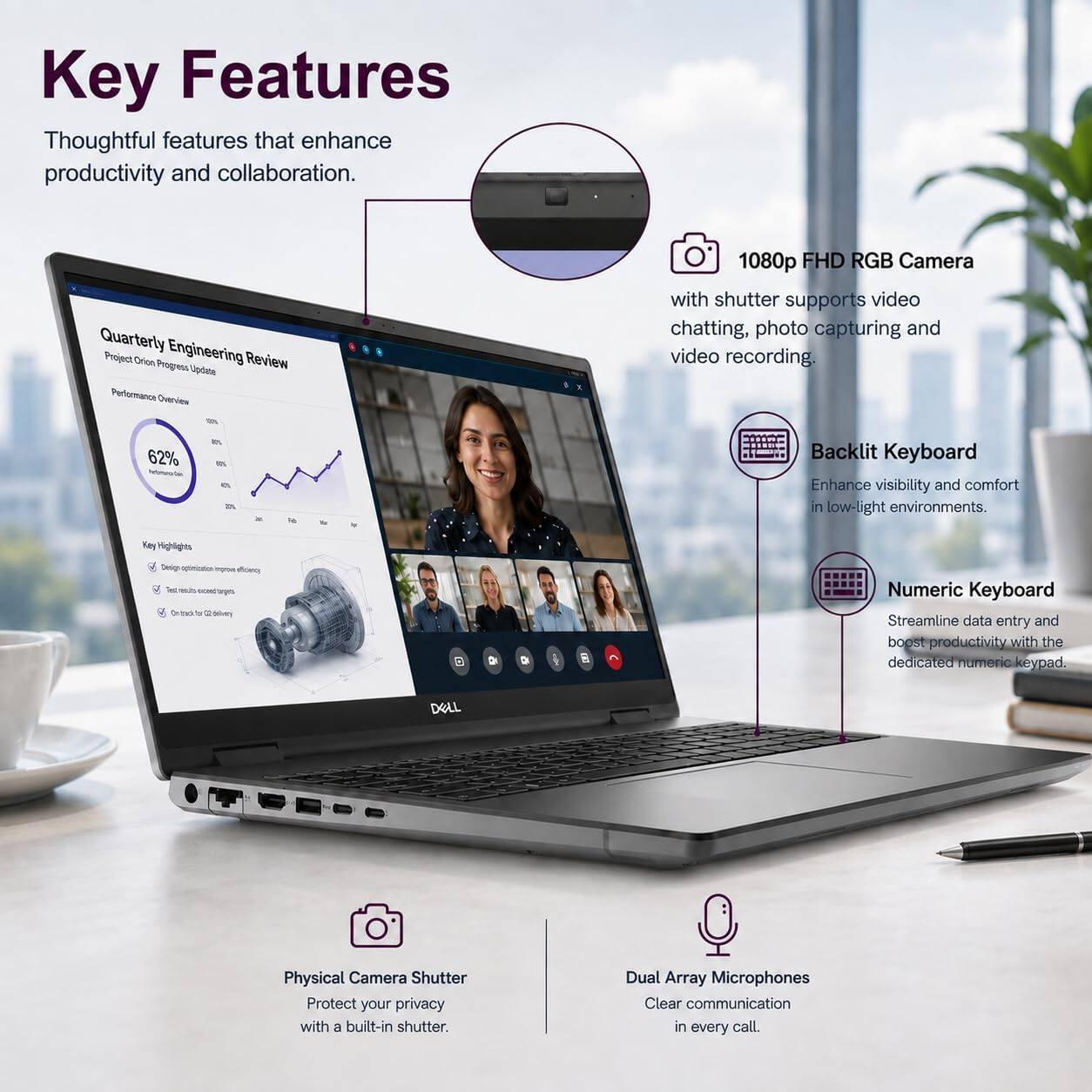Key Features  
Thoughtful features that enhance productivity and collaboration.

Quarterly Engineering Project Orion Progress Review Update  
Performance Querview

1080p FHD RGB Camera with shutter supports video chatting, photo capturing and video recording.

62%

16

Backlit Keyboard Enhance visibility and comfort in low-light environments.

Key Highlights  
Design

mprow efficeno, largets

0

B

Numeric Keyboard Streamline data entry and boost productivity with the dedicated numeric keypad.

DELL

Physical Camera Shutter Protect your privacy with a built-in shutter.

Dual Array Microphones Clear communication in every call.