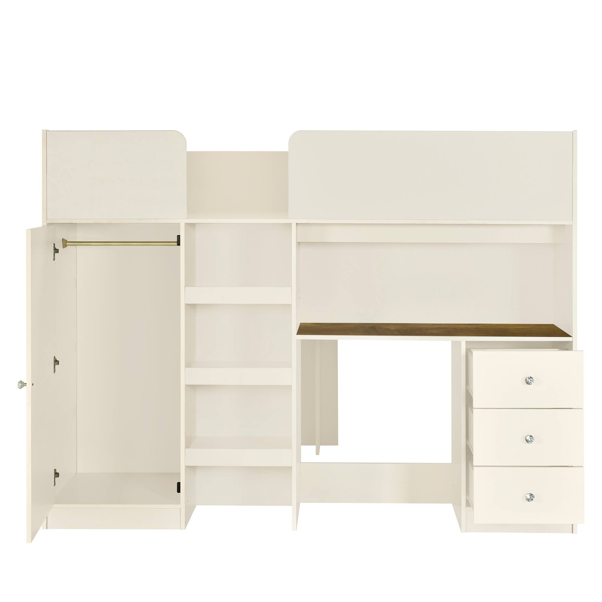 Alt View 2. Whisen - Full Size Loft Bed with Desk, Wardrobe, Storage Shelves, Drawers and Full-Length Guardrails for Bedroom - Beige.