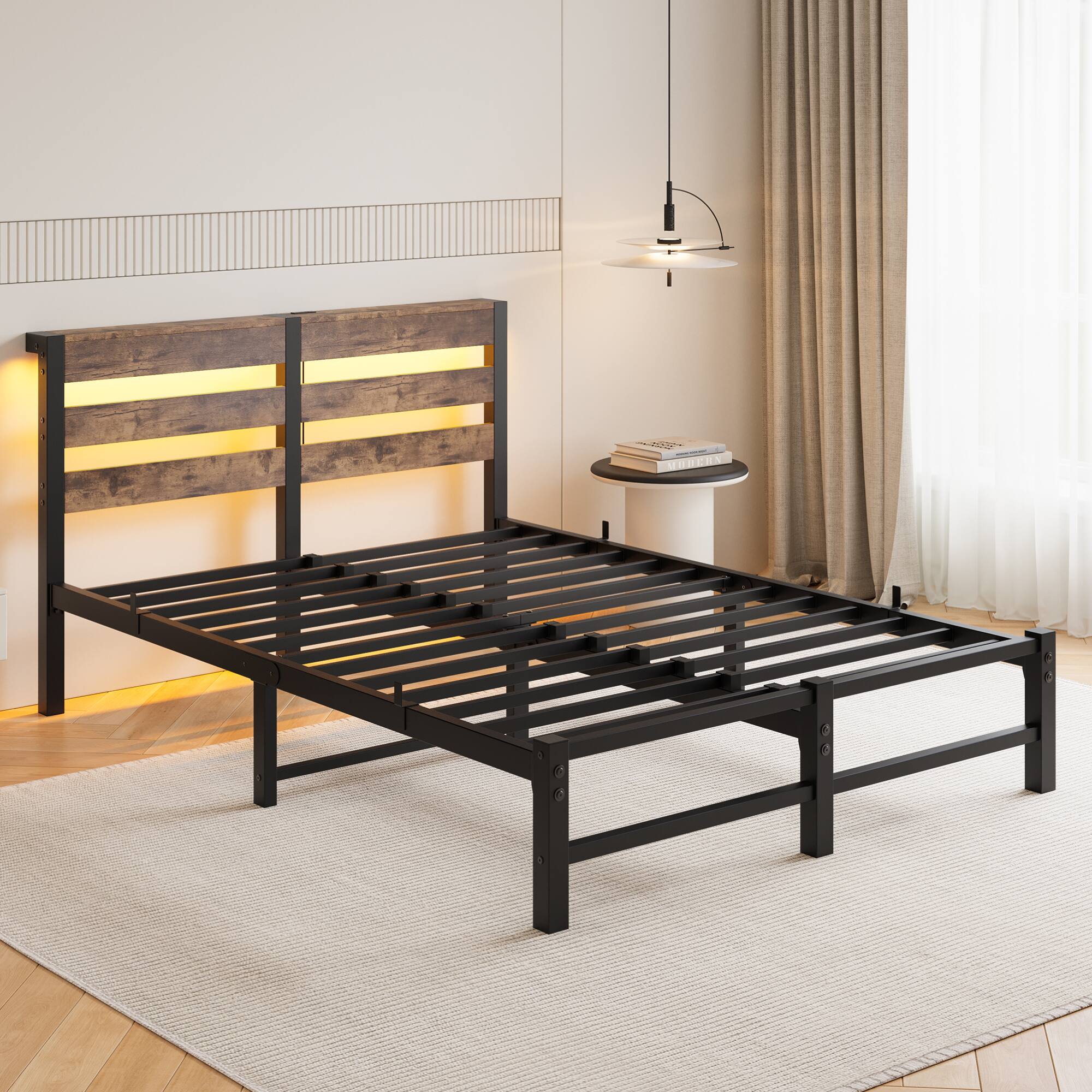 Alt View 2. GOODSILO - Full Size Metal Bed Frame with Wooden Headboard, RGB Lights, Charging Ports, Storage Shelf, Noise-Free Design - Beige+Brown.
