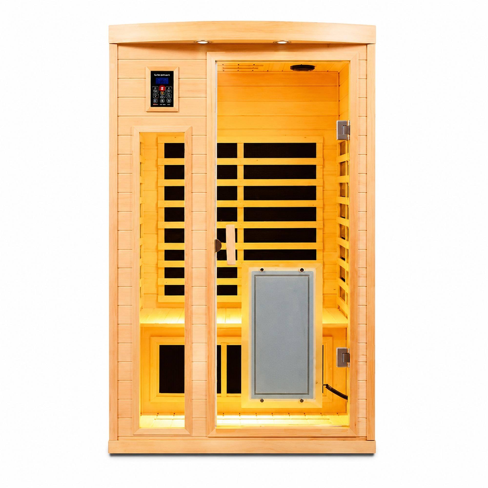 Front. RYHNUYNE - Far-Infrared 2-Person Indoor Sauna, Hemlock Wood, 8 Heating Panels, 1750W, Low EMF, Bluetooth Audio, 47.2 in Wide - Natural Wood.