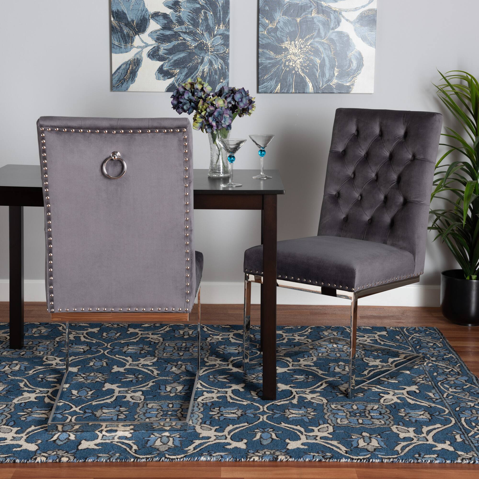 Alt View 4. Baxton Studio - Sherine Contemporary Glam and Luxe Velvet Fabric and Silver Metal 2-Piece Dining Chair Set - Grey/Silver.