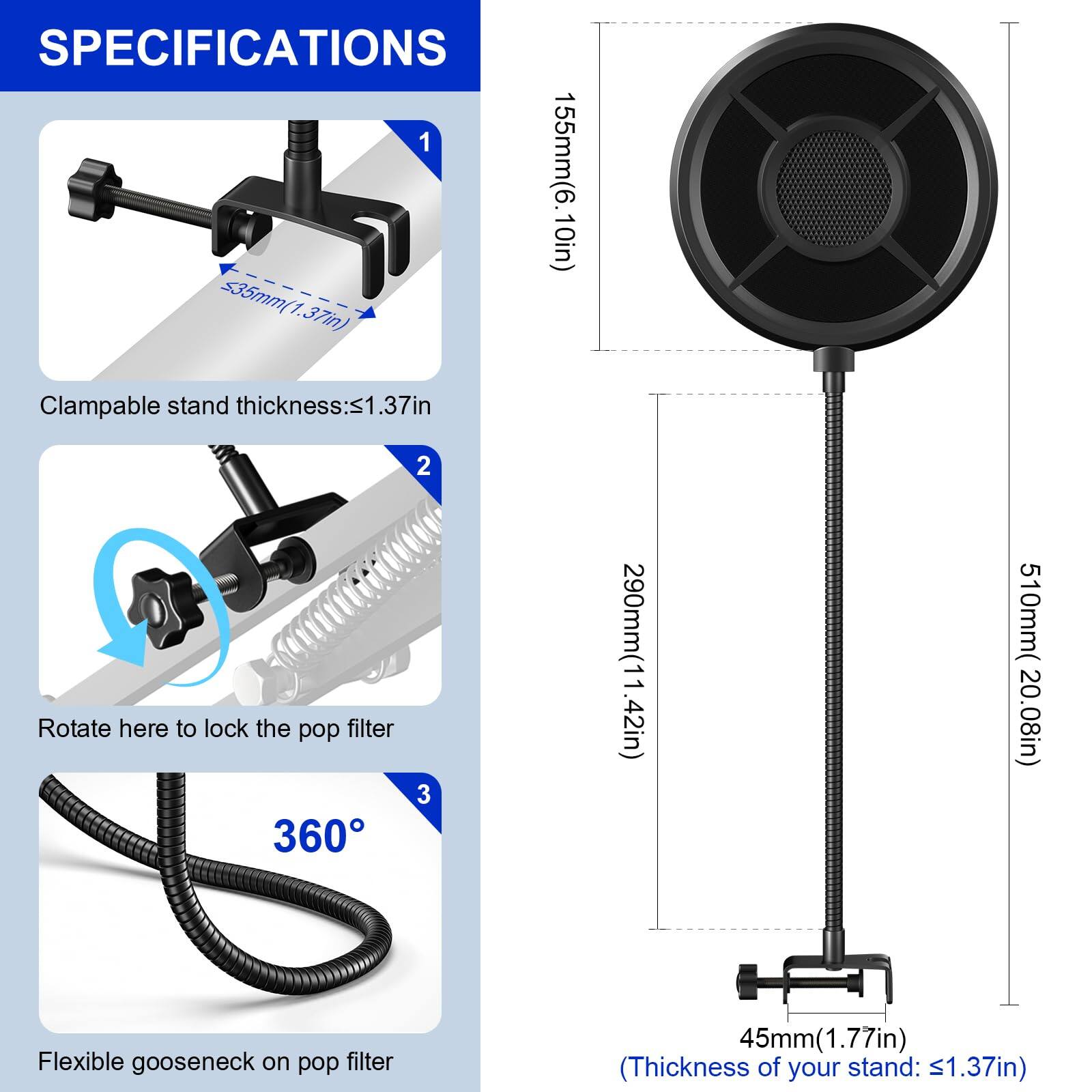 Fabibe Microphone Pop Filter Mic Mask Shield Three layer Wind Screen ...