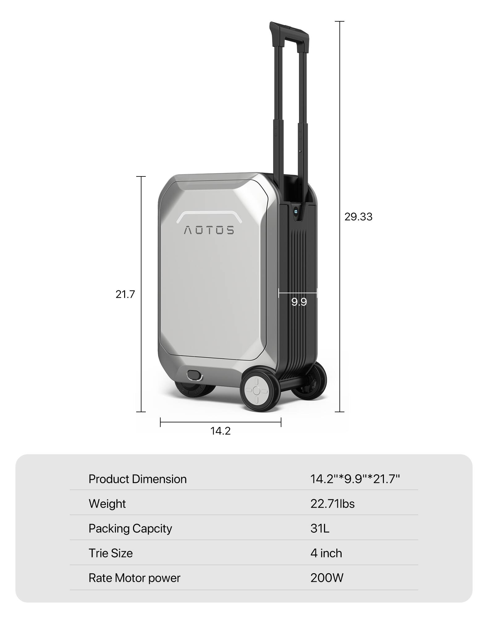 AOTOS  
29.33 21.7 9.9 14.2  
Product Dimension: 14.2" x 9.9" x 21.7"  
Weight: 22.71 lbs  
Packing Capacity: 31L  
Tire Size: 4 inch  
Rate Motor Power: 200W
