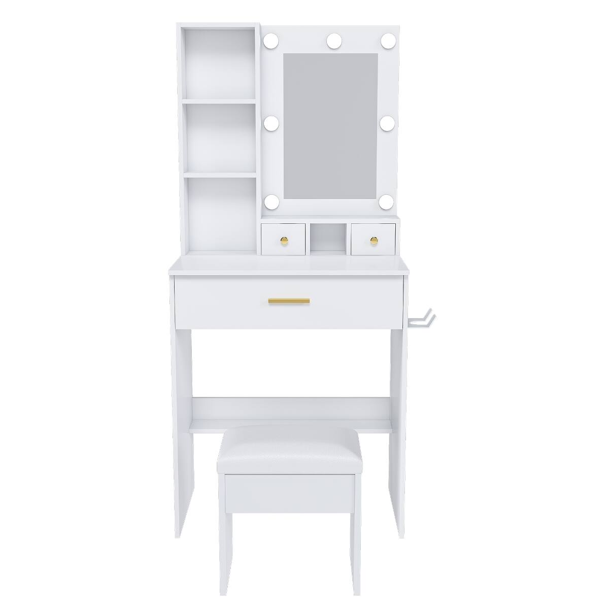 Alt View 1. Loheer - Loheer white makeup vanity with mirror and LED lights, compact dressing table with stool for bedrooms - White.