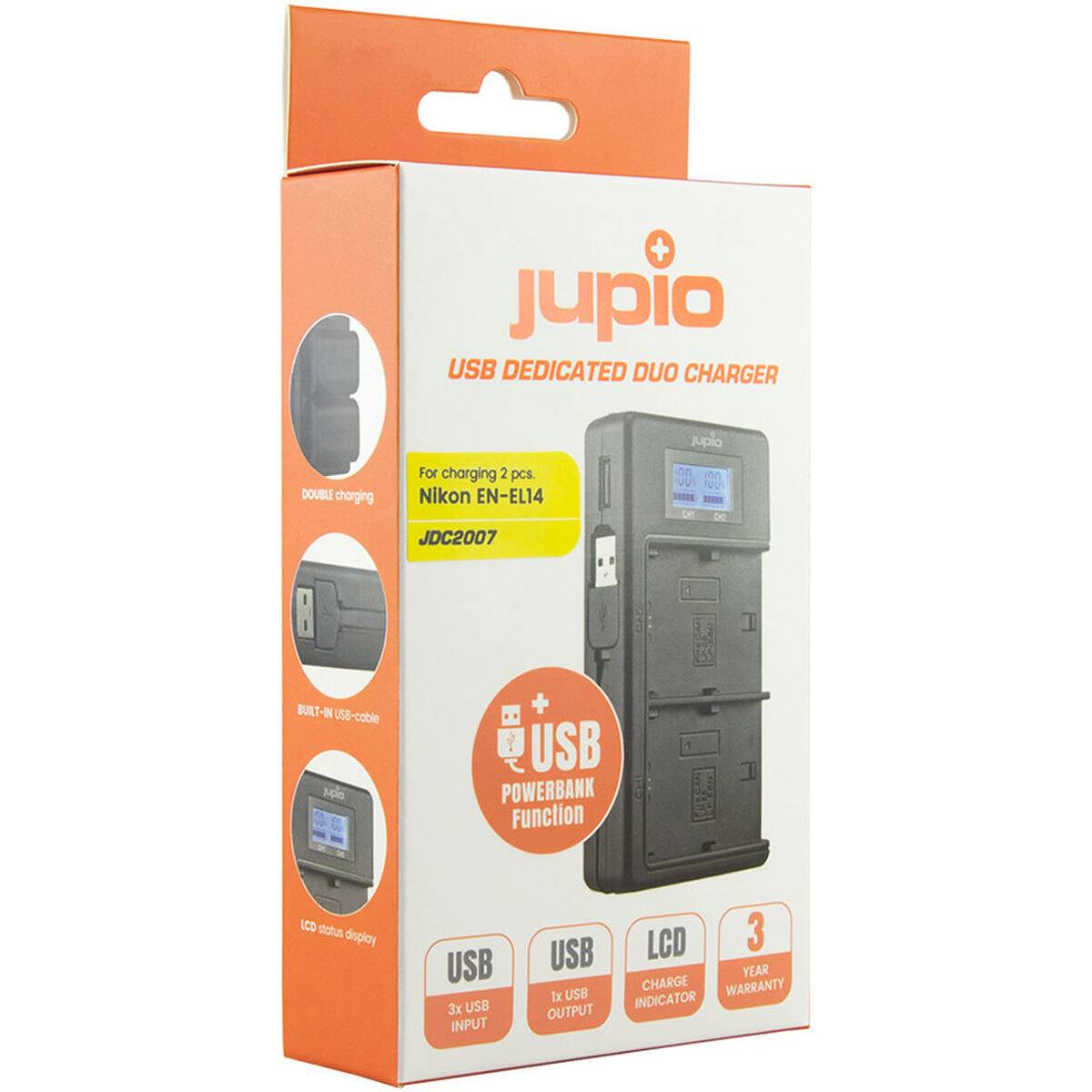 Jupio USB Dedicated Duo Charger  
Jupio Double Charging for charging 2 pcs Nikon EN-EL14  
JDC2007  
Built-in USB Cable  
USB Powerbank Function  
LCD Status Display  
3x USB Input  
1x USB Output  
Charge Indicator  
3 Year Warranty