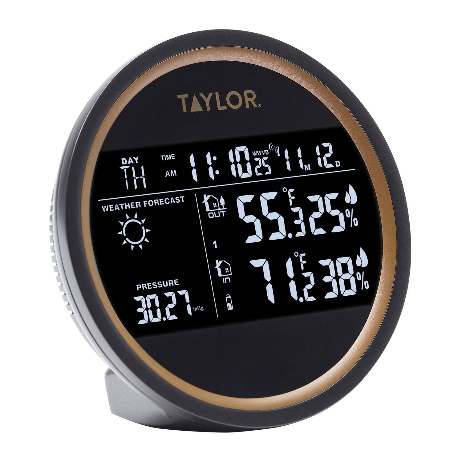 TAYLOR  
WWVB  
DAY TIME 11:02 AM  
TH  
WEATHER FORECAST  
OUT 55.325°F 35%  
IN 71.2°F 38%  
PRESSURE 30.27 inHg