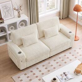 Dyonery - 91" Modern 2-Seater Sofa with Charging Ports, Cup Holders & Armrest Storage - Wide Corduroy Beige - Beige