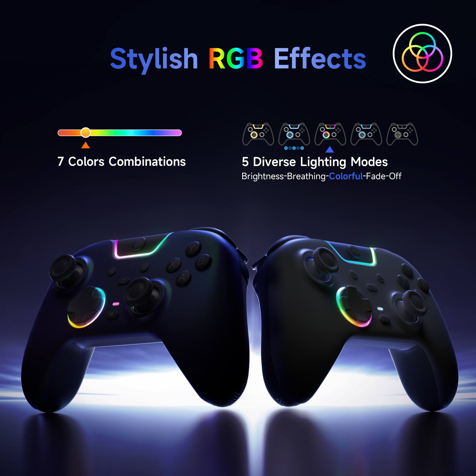 Stylish RGB Effects

7 Colors Combinations

5 Diverse Lighting Modes
Brightness-Breathing-Colorful-Fade-Off