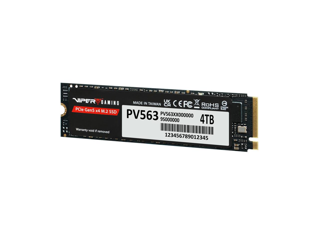 NIPER GAMING MADE IN TAIWAN UK CA CE FC ROHS COMPLIANT  
PCle Gen5 x4 M.2 NVMe SSD  
PV563 PV563XX000000 9S000000 4TB  
Warranty void if removed  
123456789012345