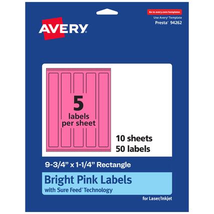 Go to avery.com/templates
AVERY
Use Avery Template Presta* 94262
5 labels per sheet
10 sheets
50 labels
9-3/4" x 1-1/4" Rectangle
Bright Pink Labels with Sure Feed Technology for Laser/Inkjet