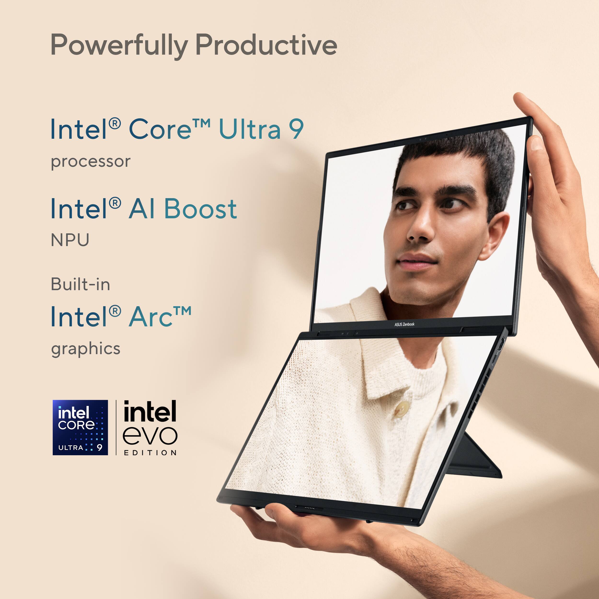 Powerfully Productive Intel Core Ultra 9 processor, Intel AI Boost NPU, Built-in Intel ArcTM graphics.