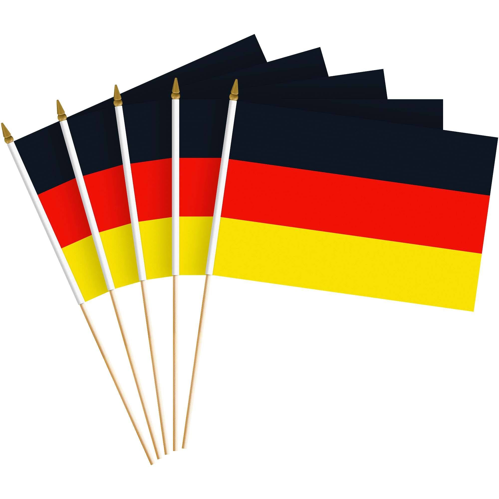 Front. G128 - Handheld Germany Stick Flags 8x12 Inch Printed 150D Polyester 10 Pack - Black, Red, Yellow.