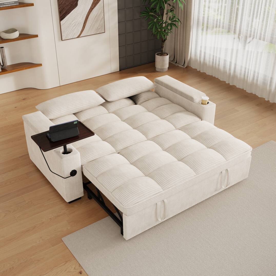 Aukfa - 65'' 3-in-1 Folding Convertible Sofa Bed, Modern Corduroy Fabric, 360° Swivel Table. - Beige