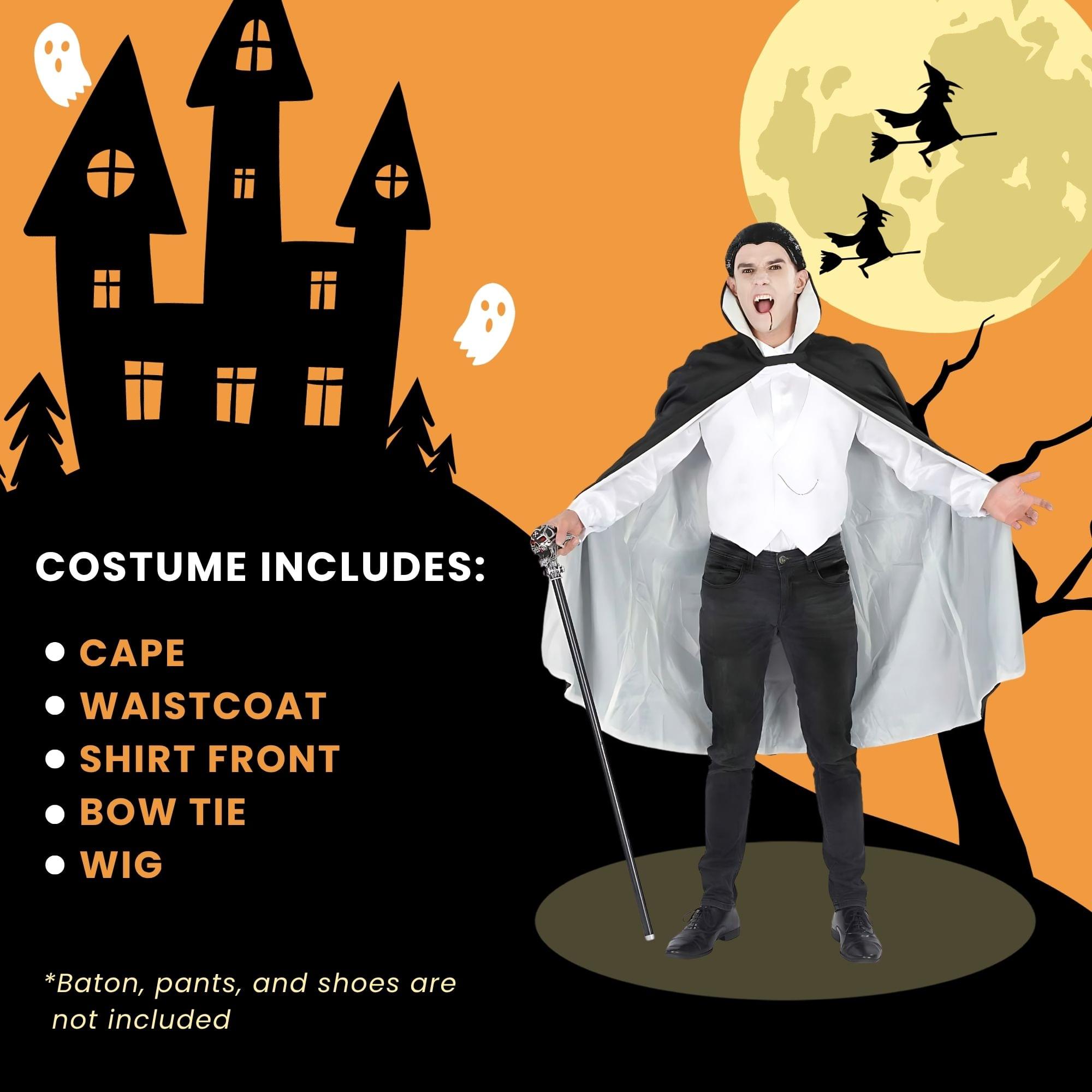 COSTUME INCLUDES:  
- CAPE  
- WAISTCOAT  
- SHIRT FRONT  
- BOW TIE  
- WIG  

*Baton, pants, and shoes are not included