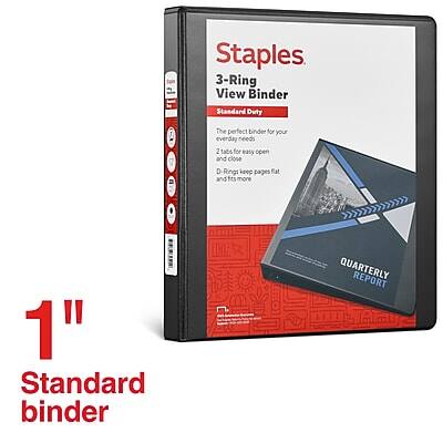 Staples  
3-Ring View Binder  
Standard Duty  

The perfect binder for your everyday needs  
2 tabs for easy open and close  
D-Rings keep pages flat and fit more  

1" Standard binder  

QUARTERLY REPORT