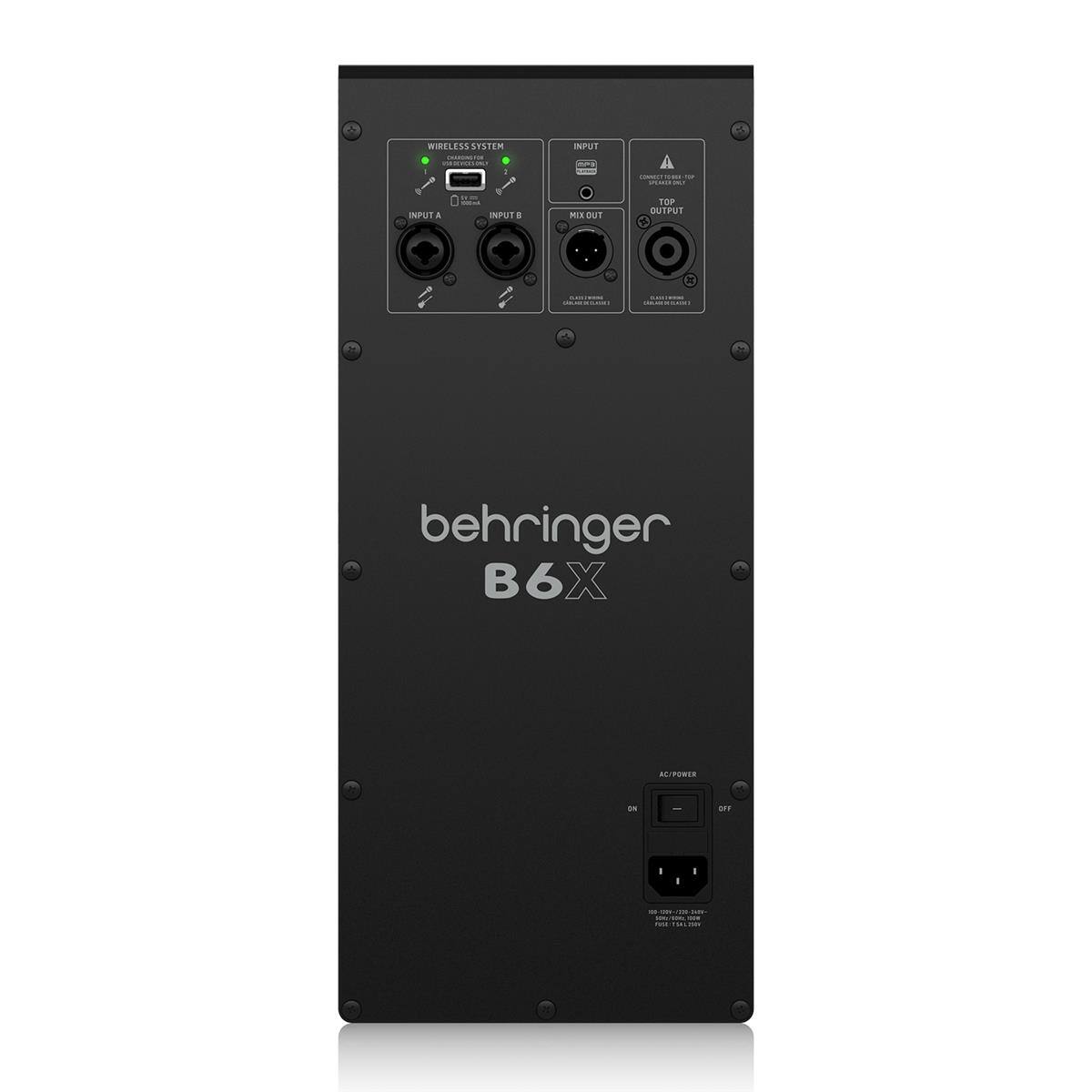 WIRELESS SYSTEM

INPUT A
INPUT B

INPUT
MIX OUT
TOP OUTPUT

behringer
B6X

AC/POWER
ON
OFF