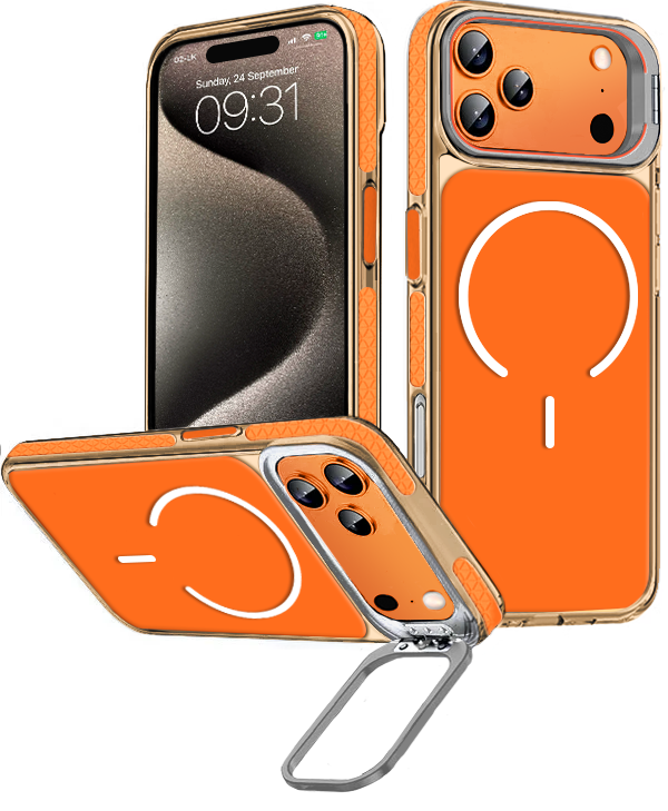 Entronix - [Magnetic] Case for iPhone 17 Pro – Color Back w/ Camera Frame Stand & Rubber Edges - Orange