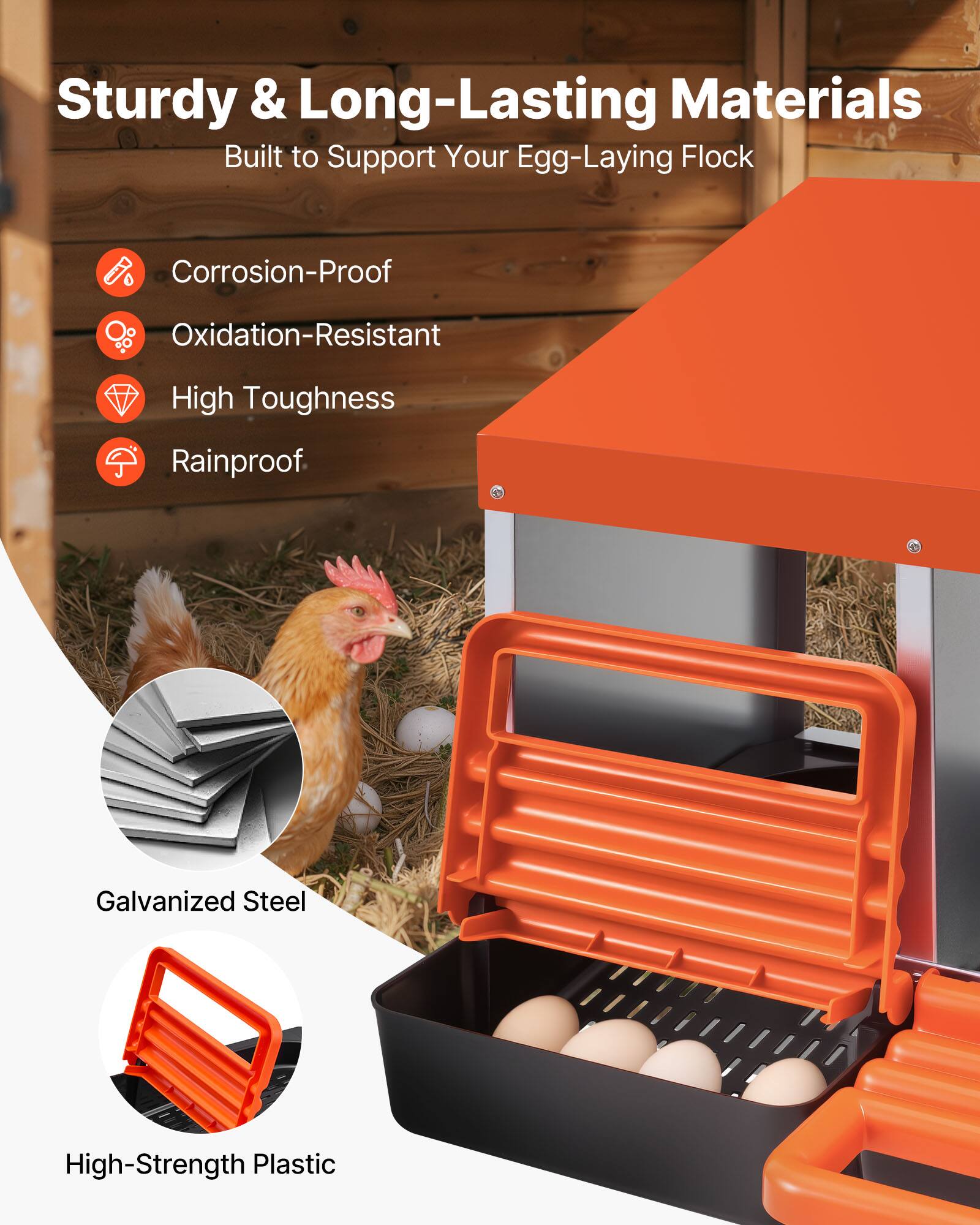 Sturdy & Long-Lasting Materials  
Built to Support Your Egg-Laying Flock  

- Corrosion-Proof  
- Oxidation-Resistant  
- High Toughness  
- Rainproof  

Galvanized Steel  
High-Strength Plastic