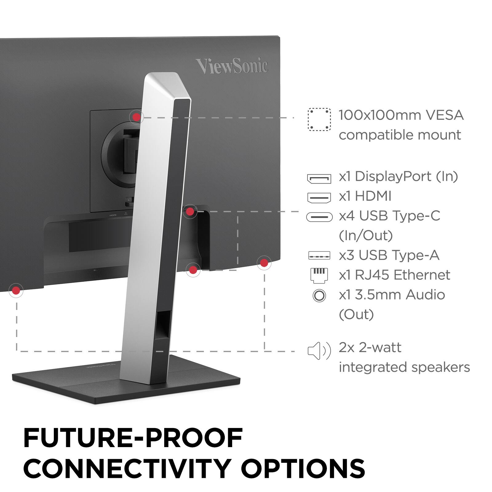 ViewSonic 100x100mm VESA compatible mount  
x1 DisplayPort (In)  
x1 HDMI  
x4 USB Type-C (In/Out)  
x3 USB Type-A  
x1 RJ45 Ethernet  
x1 3.5mm Audio (Out)  
2x 2-watt integrated speakers  

FUTURE-PROOF CONNECTIVITY OPTIONS