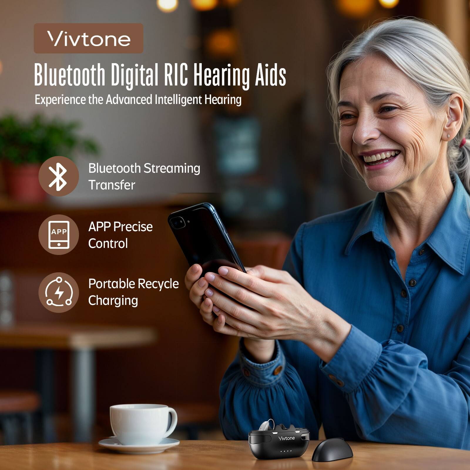 Vivtone Bluetooth Digital RIC Hearing Aids, Experience the Advanced Intelligent Hearing, Bluetooth Streaming Transfer, APP Precise Control, Portable Recycle Charging, Vivtone