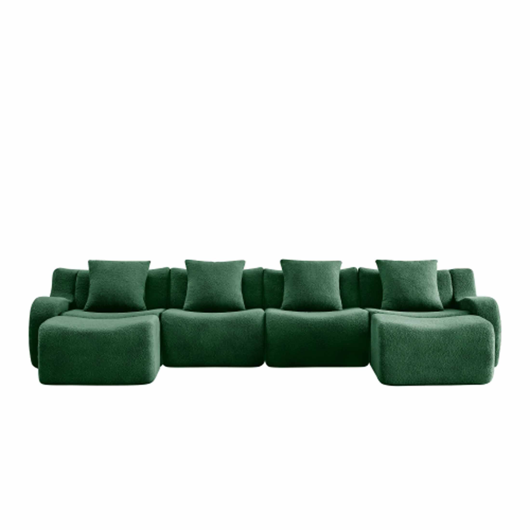 Back. Aukfa - Modular Teddy Fabric Sofa - 4-Seat Sectional with 2 Ottomans, Soft Boneless Design for Living Room - Green.