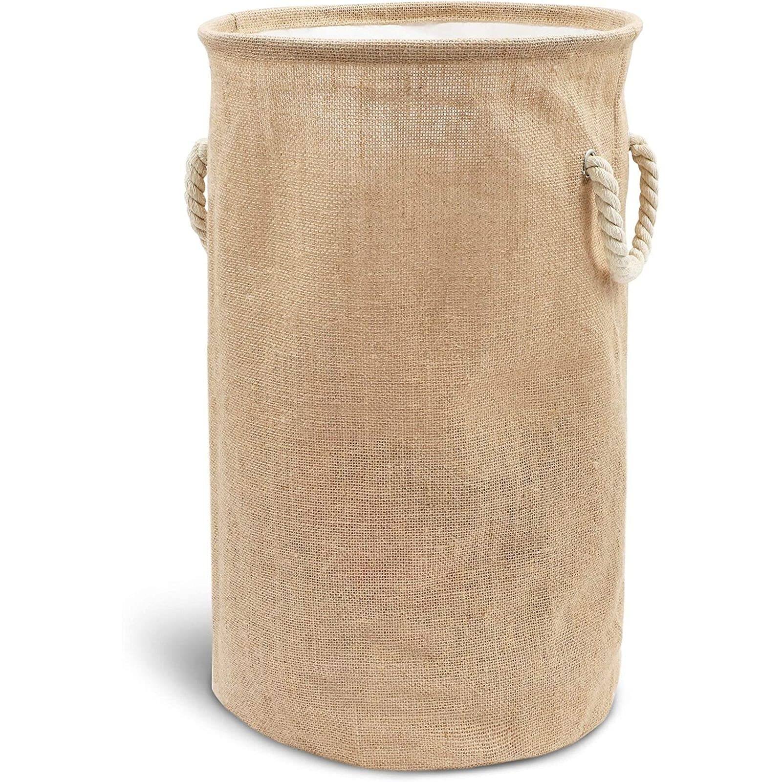 Front. DORLUKFU - 22-Inch Collapsible Laundry Basket - Drawstring Hamper with Lid & Rope Handles - Space-Saving Collapsible Round Laundry - Beige.