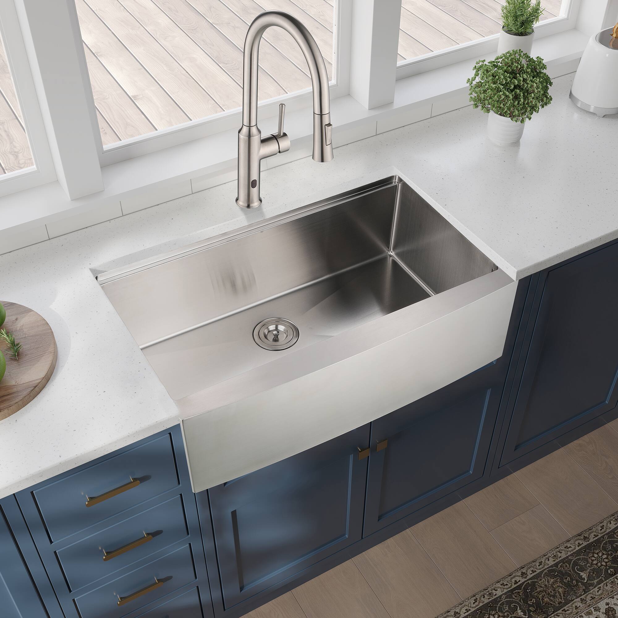 Left. Siljoy - 36x22x10"Farmhouse Apron Single Bowl Stainless Steel Kitchen Sink with Workstation - Brushed Nickel.