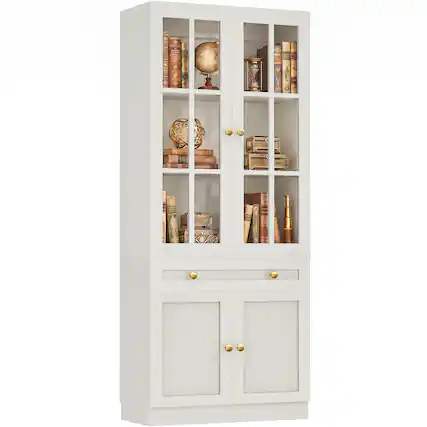 Front. Aheaplus - 80" Tall Farmhouse Bookcase with Glass Doors, Drawer and Adjustable Shelves, Freestanding Storage Cabinet - Distressed White.