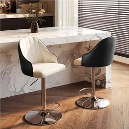 POVISON - Modern Adjustable Height Bar Stools Set of 2, Leather Bar Stools with Backs, Upholstered Bar Stools, Beige & Black - Black PU Leather
