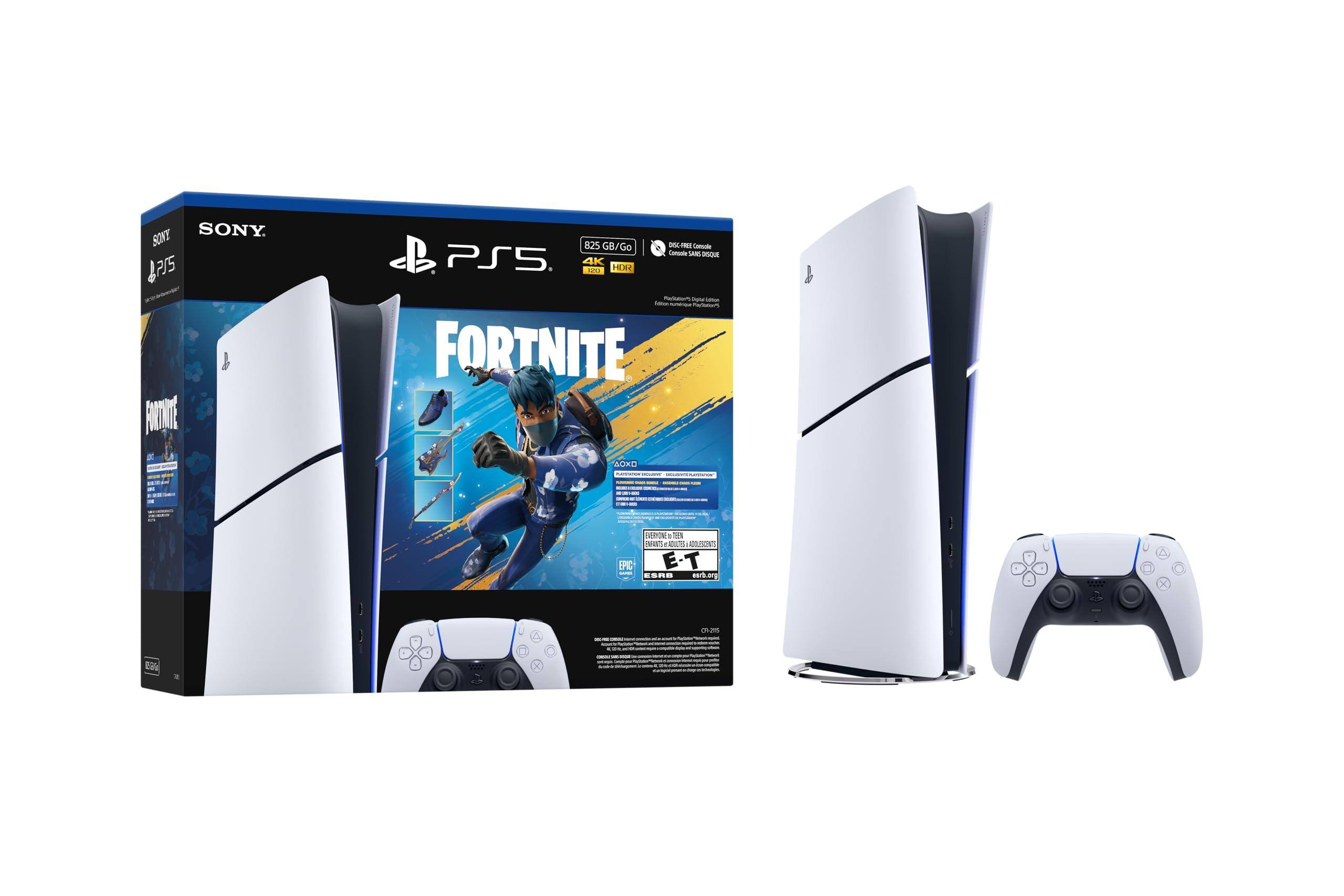 SONY PS5  
825 GB/Go  
4K  
120 FPS  
FORTNITE  
Epic Games  
E-T  
ESRB  
Lam to 20 X