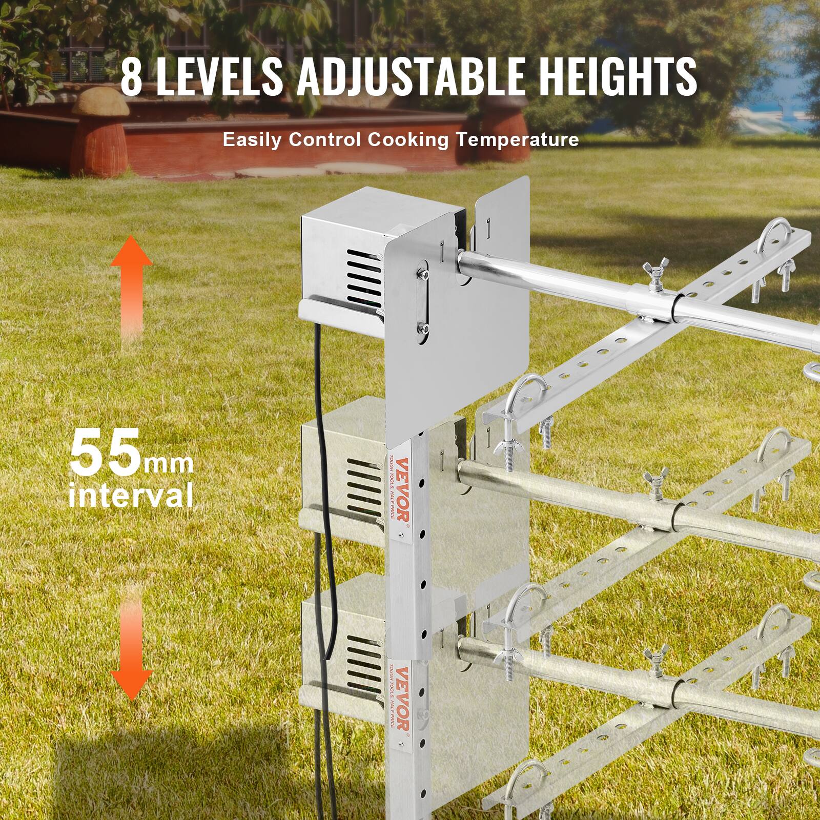 8 LEVELS ADJUSTABLE HEIGHTS, Easily Control Cooking Temperature, 55mm interval, VEVOR, VEVOR